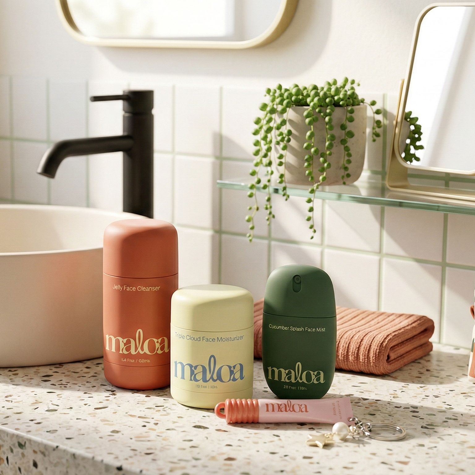 Maloa skincare products on a bathroom counter with a sink and plant in the background