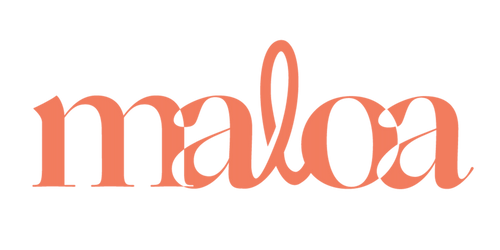 Coral-colored 'maloa' text on a white background