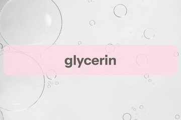 A pale pink rounded rectangle centered over a white background with faint bubble illustrations and the word 'glycerin' in dark gray text.