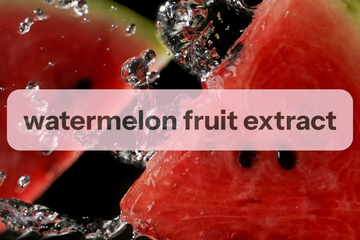 Close-up of watermelon slices and splashing water with the text 'watermelon fruit extract' overlaid across the center on a translucent pink banner.